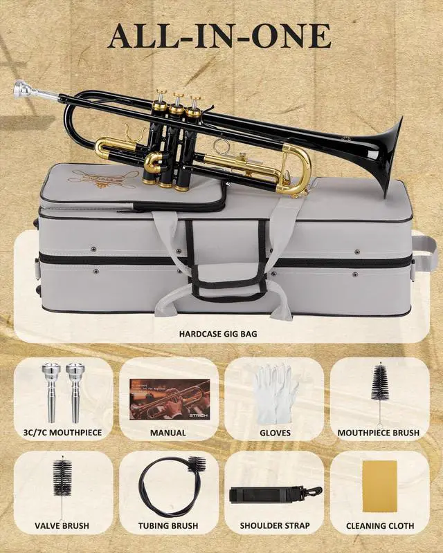 Alt view image 7 of 7 - Bb Standard Trumpet Set for Beginners, Brass Student Trumpet Instrument with Hard Case, Cleaning Kit, 7C & 3C Mouthpieces, Gloves, STR-130B, Black