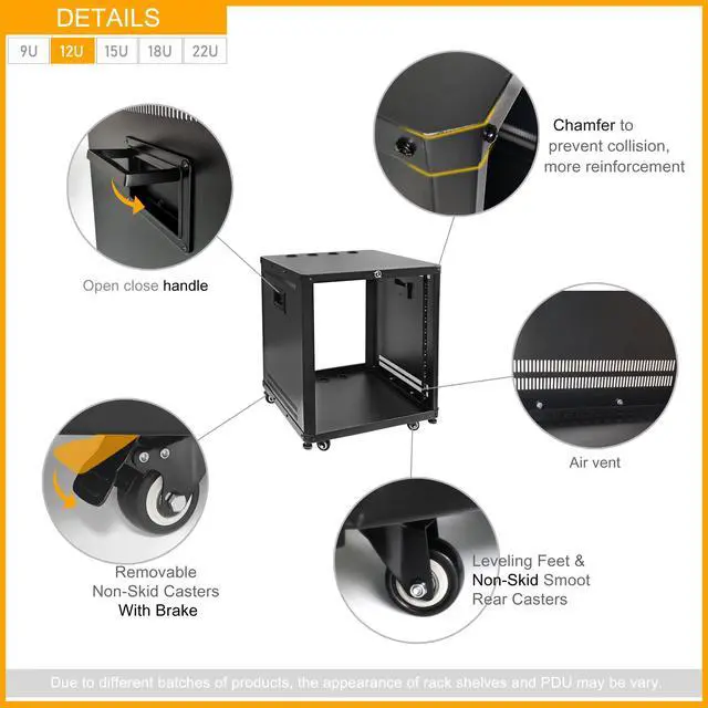 Alt view image 2 of 5 - POMU 6U Stereo & Studio Rack with Caster Wheels, Rolling Network Cabinet, Open Frame Audio Rack for 19 inches Video Music Recording & IT Equipment, Obtuse Angel, Lifting Handle
