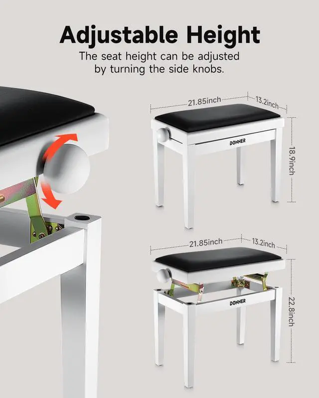 Alt view image 2 of 6 - Adjustable Piano Bench-Solid Wood Keyboard Bench Piano Chair Seat with High-Density Sponges Cushion, Wooden Piano Stool with Metal Lifting Devices, White