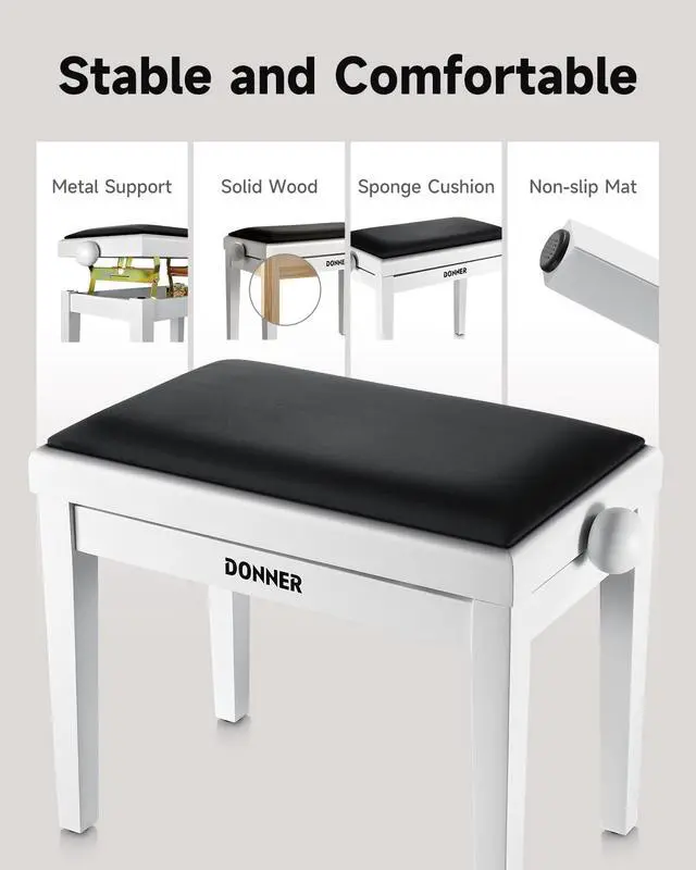Alt view image 3 of 6 - Adjustable Piano Bench-Solid Wood Keyboard Bench Piano Chair Seat with High-Density Sponges Cushion, Wooden Piano Stool with Metal Lifting Devices, White