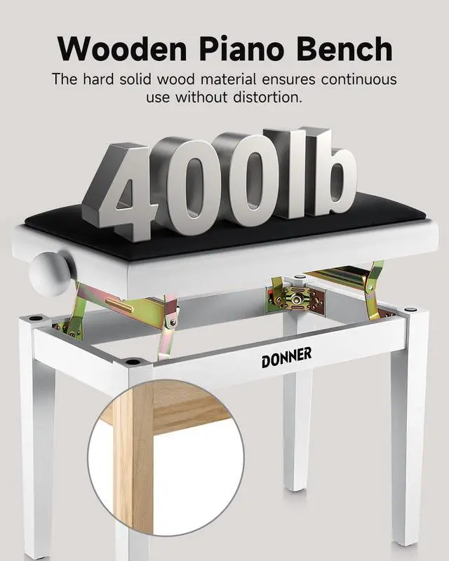 Alt view image 4 of 6 - Adjustable Piano Bench-Solid Wood Keyboard Bench Piano Chair Seat with High-Density Sponges Cushion, Wooden Piano Stool with Metal Lifting Devices, White