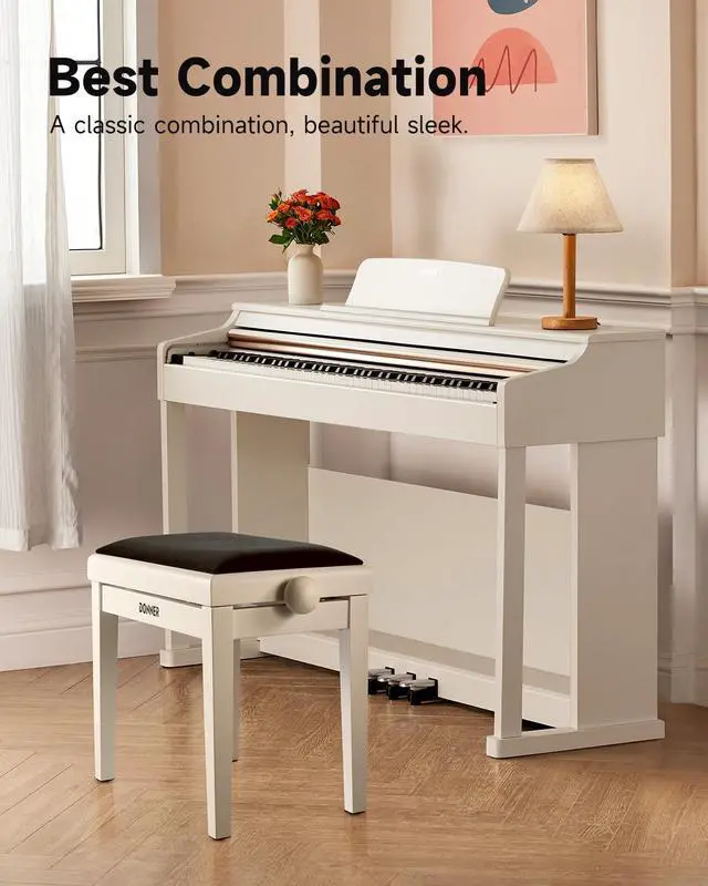 Alt view image 6 of 6 - Adjustable Piano Bench-Solid Wood Keyboard Bench Piano Chair Seat with High-Density Sponges Cushion, Wooden Piano Stool with Metal Lifting Devices, White