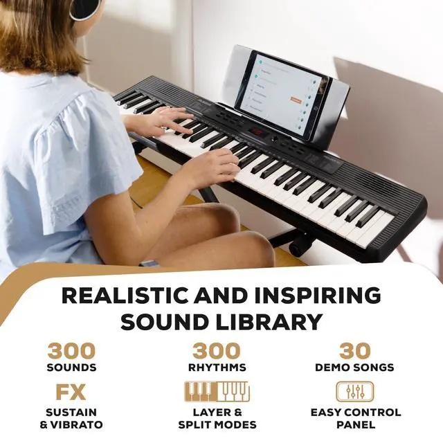 Alt view image 5 of 7 - Melody 61 MK4 Keyboard Piano for Beginners with 61 Keys, Speakers, Stand, Bench, Headphones, Tablet/Sheet Music Stand, 300 Sounds and Music Lessons