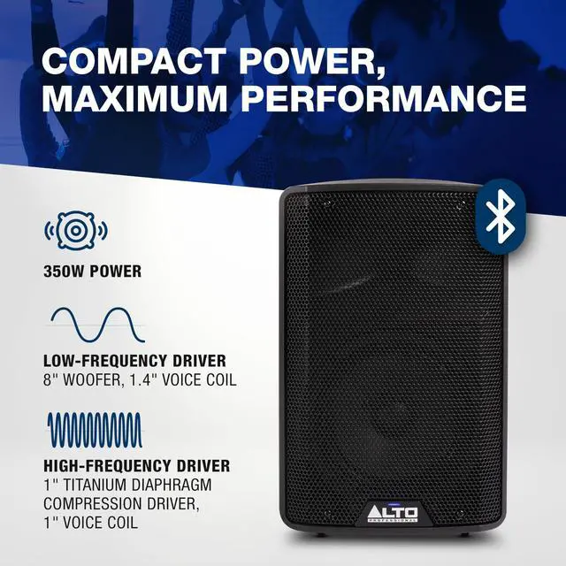 Alt view image 2 of 7 - A TX408 350W 8" Powered PA Speaker with Bluetooth, 2-Channel Mixer, Line Level for Mobile DJs and Musicians, for Small Venues, Rehearsals and Events