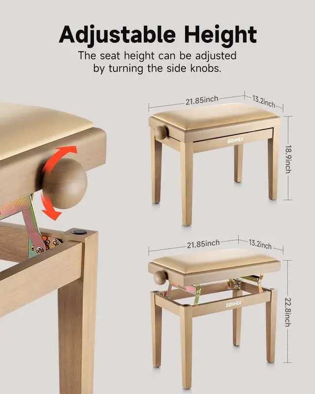 Alt view image 2 of 6 - Adjustable Piano Bench-Solid Wood Keyboard Bench Piano Chair Seat with High-Density Sponges Cushion, Wooden Piano Stool with Metal Lifting Devices, Beige