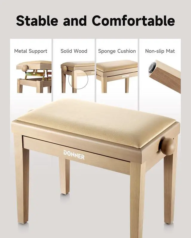 Alt view image 3 of 6 - Adjustable Piano Bench-Solid Wood Keyboard Bench Piano Chair Seat with High-Density Sponges Cushion, Wooden Piano Stool with Metal Lifting Devices, Beige
