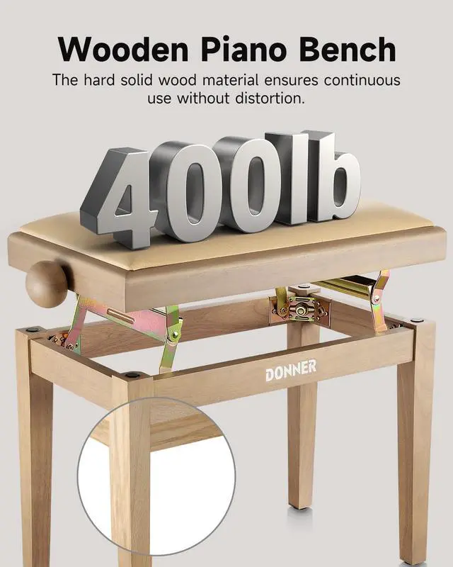 Alt view image 4 of 6 - Adjustable Piano Bench-Solid Wood Keyboard Bench Piano Chair Seat with High-Density Sponges Cushion, Wooden Piano Stool with Metal Lifting Devices, Beige