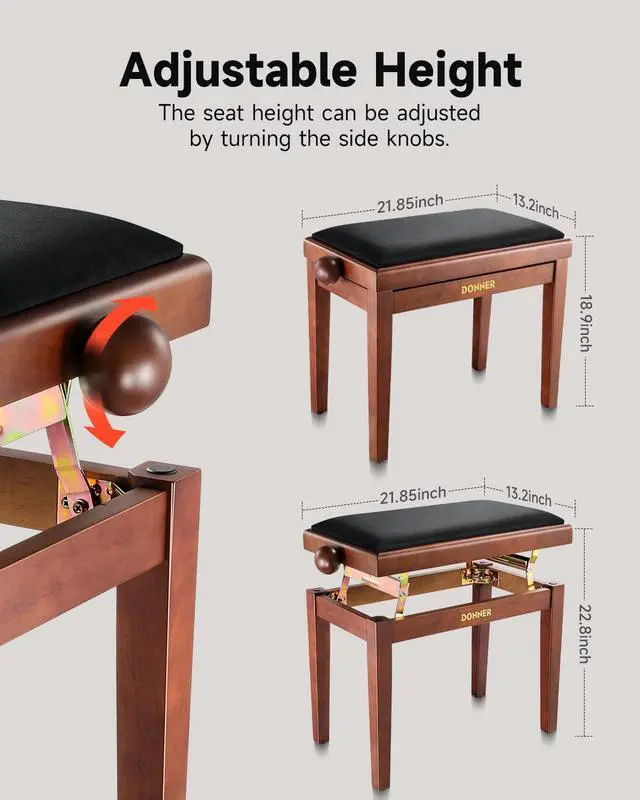 Alt view image 2 of 7 - Adjustable Piano Bench, Solid Wood Keyboard Bench Piano Chair Seat with High-Density Sponges CushionTraditional Vintage Wooden Piano Stool with Metal Lifting Devices, Brown-Matt