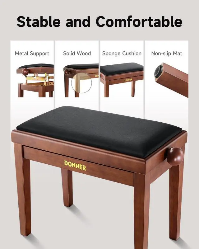 Alt view image 3 of 7 - Adjustable Piano Bench, Solid Wood Keyboard Bench Piano Chair Seat with High-Density Sponges CushionTraditional Vintage Wooden Piano Stool with Metal Lifting Devices, Brown-Matt