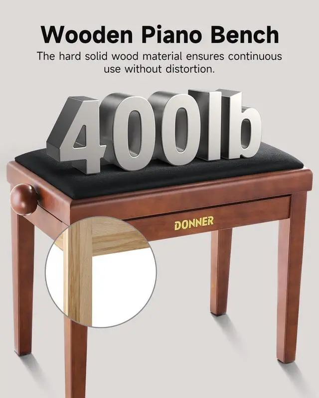 Alt view image 4 of 7 - Adjustable Piano Bench, Solid Wood Keyboard Bench Piano Chair Seat with High-Density Sponges CushionTraditional Vintage Wooden Piano Stool with Metal Lifting Devices, Brown-Matt