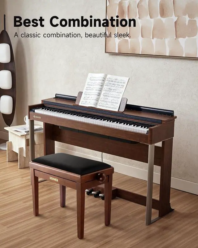 Alt view image 6 of 7 - Adjustable Piano Bench, Solid Wood Keyboard Bench Piano Chair Seat with High-Density Sponges CushionTraditional Vintage Wooden Piano Stool with Metal Lifting Devices, Brown-Matt