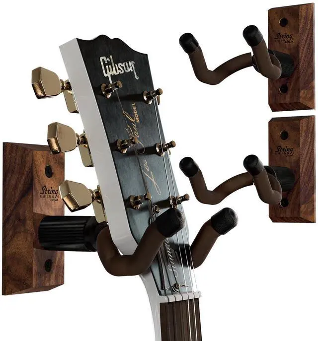 Main image of Guitar Wall Mount 3 Pack, Hangers, Holder Hook for Wall, Fits All Size Acoustic, Electric, Bass - Black Walnut Hardwood, Made in USA