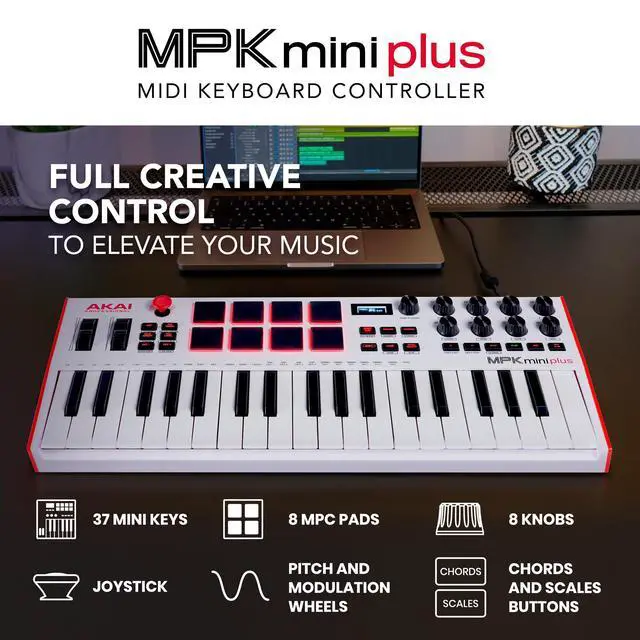 Alt view image 2 of 7 - MPK Mini Plus - USB MIDI Keyboard Controller with 37 Mini Keys, 8 MPC Pads, Sequencer, MIDI/CV/Gate I/O and Native Instruments Sound Package, White Limited Edition
