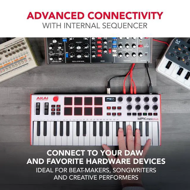 Alt view image 3 of 7 - MPK Mini Plus - USB MIDI Keyboard Controller with 37 Mini Keys, 8 MPC Pads, Sequencer, MIDI/CV/Gate I/O and Native Instruments Sound Package, White Limited Edition