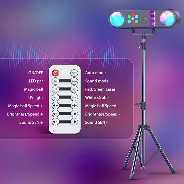 Alt view image 6 of 7 - DJ Lights with Stand,5 in 1 Dj Lights for Parties Disco Ball Stage Party Light Set with Sound Activated Control, UV,Strobe, Dyeing, Led Par Light and Pattern Lighting for Bar Wedding Christmas-1PC