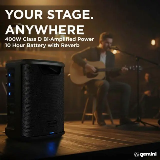 Alt view image 2 of 7 - Wireless Battery PA Speaker, 400 Watts, OTG (GPSS-650 MKII) | 106dB battery PA, bi-amped, up to 10 hr - 3-ch mixer, reverb, mic incl - XLR/1/4", OTG - Bluetooth