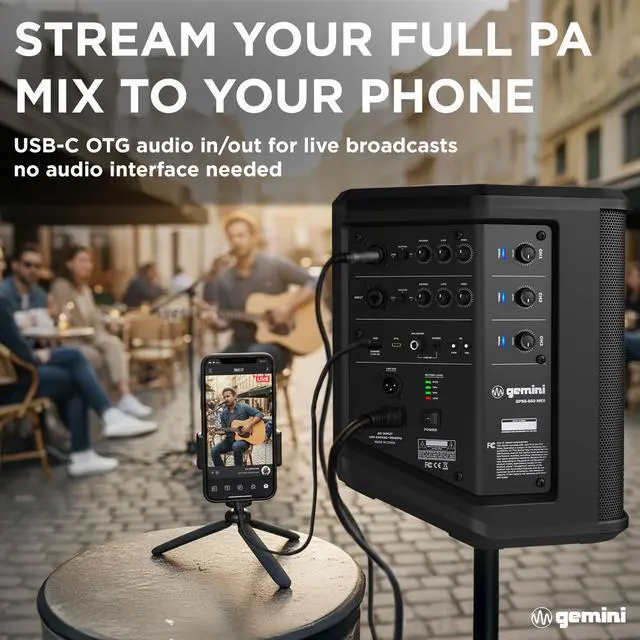 Alt view image 3 of 7 - Wireless Battery PA Speaker, 400 Watts, OTG (GPSS-650 MKII) | 106dB battery PA, bi-amped, up to 10 hr - 3-ch mixer, reverb, mic incl - XLR/1/4", OTG - Bluetooth