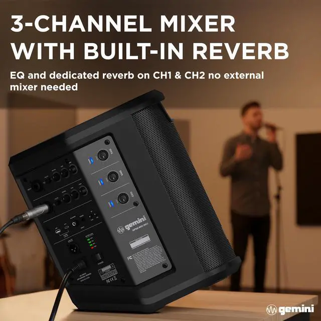 Alt view image 4 of 7 - Wireless Battery PA Speaker, 400 Watts, OTG (GPSS-650 MKII) | 106dB battery PA, bi-amped, up to 10 hr - 3-ch mixer, reverb, mic incl - XLR/1/4", OTG - Bluetooth