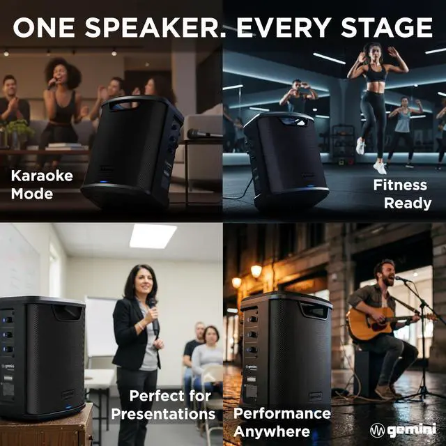 Alt view image 5 of 7 - Wireless Battery PA Speaker, 400 Watts, OTG (GPSS-650 MKII) | 106dB battery PA, bi-amped, up to 10 hr - 3-ch mixer, reverb, mic incl - XLR/1/4", OTG - Bluetooth