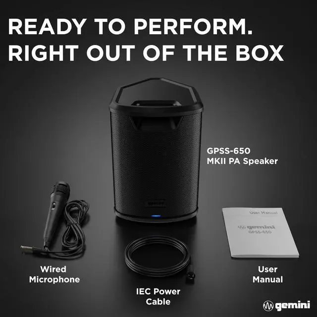 Alt view image 7 of 7 - Wireless Battery PA Speaker, 400 Watts, OTG (GPSS-650 MKII) | 106dB battery PA, bi-amped, up to 10 hr - 3-ch mixer, reverb, mic incl - XLR/1/4", OTG - Bluetooth
