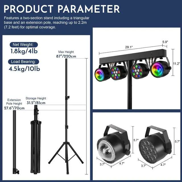 Alt view image 3 of 7 - DJ Disco Lights with Stand, Professional LED Party Light Set, DJ Lighting System DMX512, Sound Activated Stage Lights Package for Gig Bar Wedding Live Band Club Booth Show Events