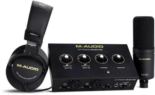 Main image of M-Track Duo HD Audio Interface, M100 Condenser Microphone and HDH41 Studio Monitoring Headphones for Recording, Producers, Content Creators and Podcasters