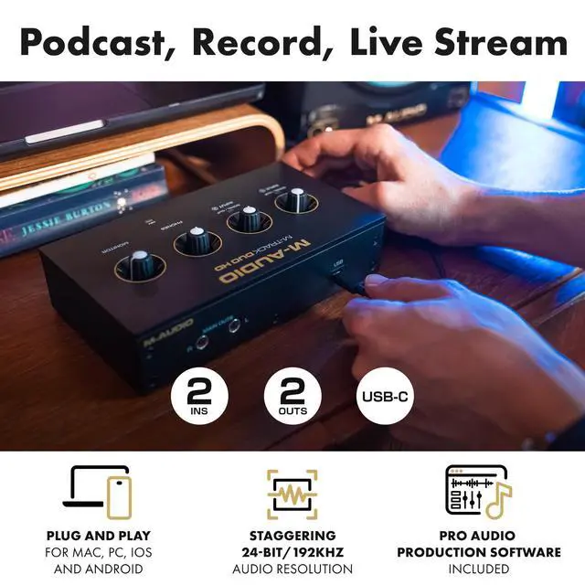 Alt view image 3 of 7 - M-Track Duo HD Audio Interface, M100 Condenser Microphone and HDH41 Studio Monitoring Headphones for Recording, Producers, Content Creators and Podcasters
