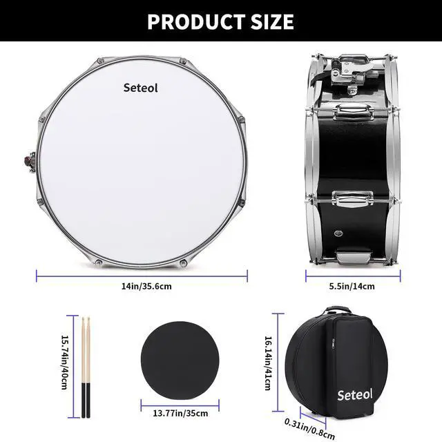 Alt view image 4 of 7 - Snare Drum Kit, 14" x 5.5" Marching Snare Drum + Storage Padded Bag | Silent Mute Pad + Pair Of 5A Drumsticks + Drums Key, Portable Drums Hardware Set for Adults (Black)