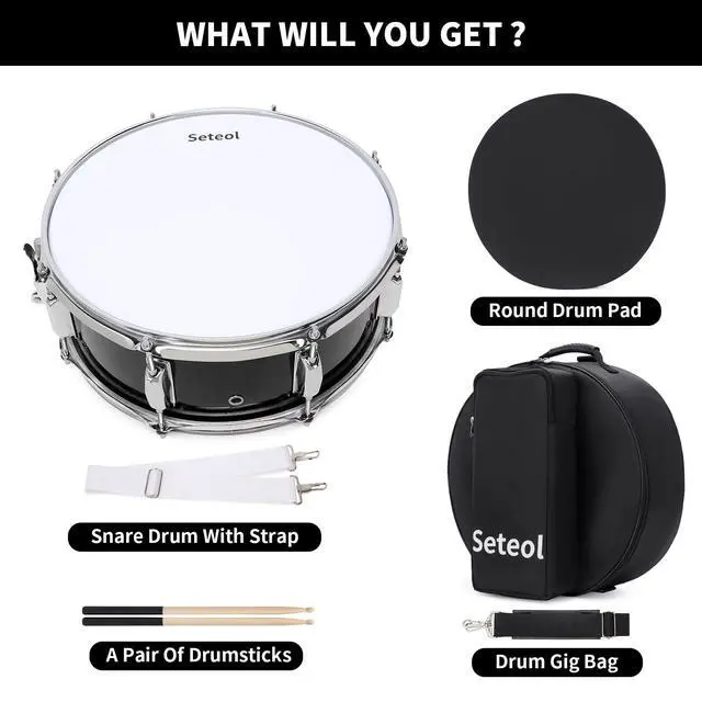 Alt view image 7 of 7 - Snare Drum Kit, 14" x 5.5" Marching Snare Drum + Storage Padded Bag | Silent Mute Pad + Pair Of 5A Drumsticks + Drums Key, Portable Drums Hardware Set for Adults (Black)