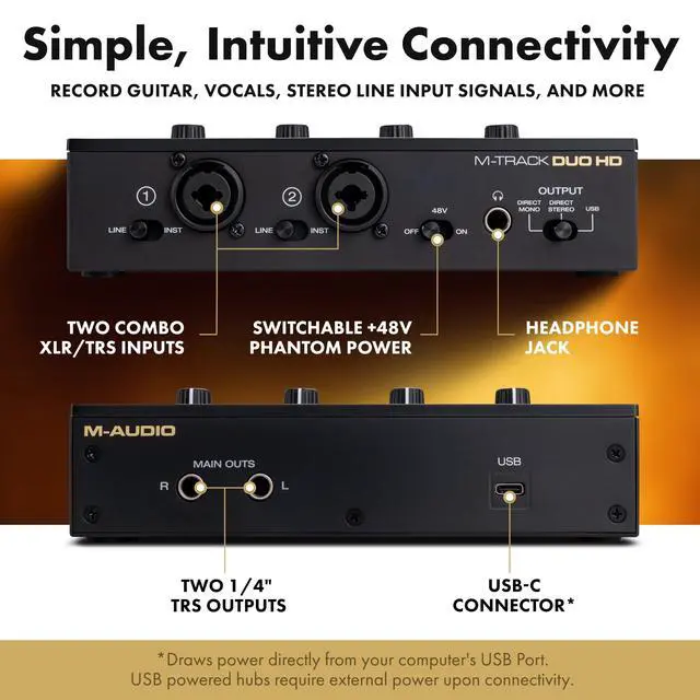 Alt view image 5 of 7 - M-Track Duo HD Audio Interface, M100 Condenser Microphone and HDH41 Studio Monitoring Headphones for Recording, Producers, Content Creators and Podcasters