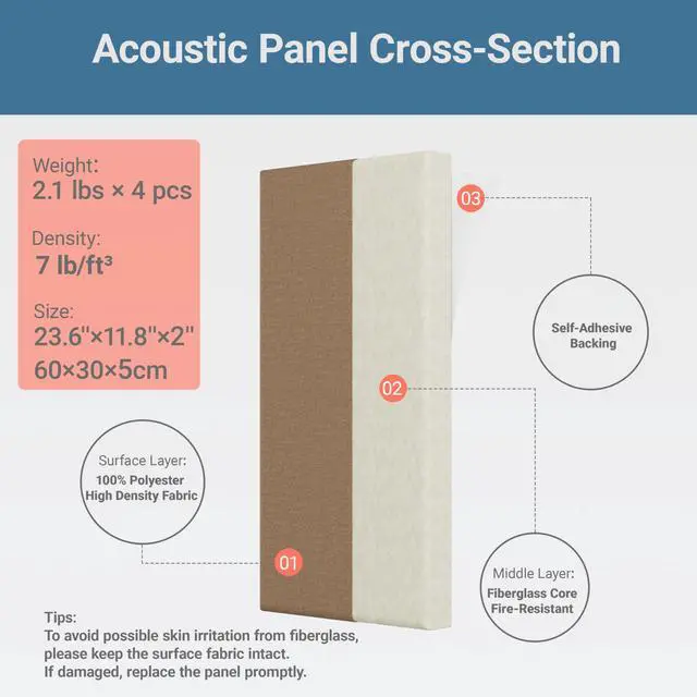 Alt view image 4 of 7 - 4 Pack High-Density Core with Fabric Cover Acoustic Panels 24×12×2 In Self-Adhesive Soundproofing and Sound-Absorbing Wall Panels for Echo Reduction in Studio, Theater, or Recording (Mocha Brown)
