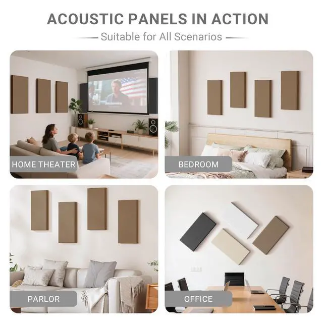 Alt view image 6 of 7 - 4 Pack High-Density Core with Fabric Cover Acoustic Panels 24×12×2 In Self-Adhesive Soundproofing and Sound-Absorbing Wall Panels for Echo Reduction in Studio, Theater, or Recording (Mocha Brown)