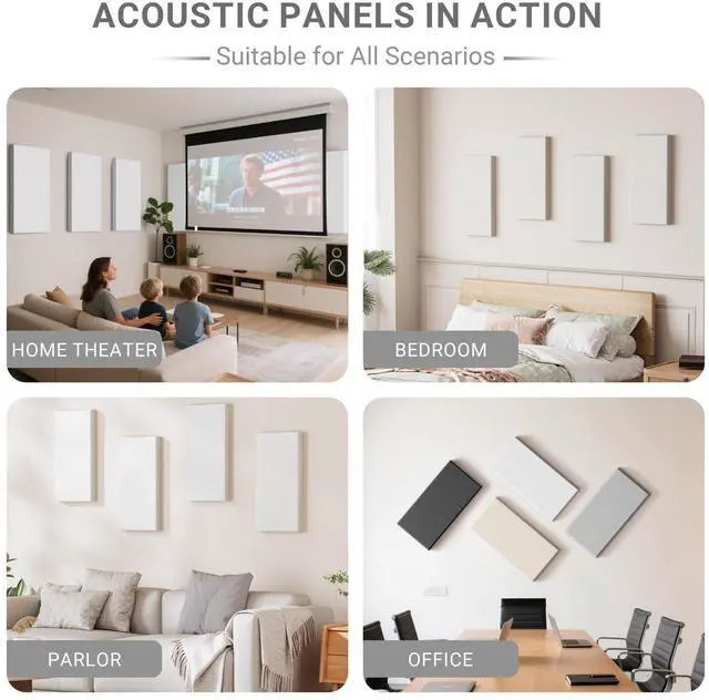 Alt view image 6 of 7 - 4 Pack High-Density Core with Fabric Cover Acoustic Panels 24×12×2 In Self-Adhesive Soundproofing and Sound-Absorbing Wall Panels for Echo Reduction in Studio, Theater, or Recording (Linen White)