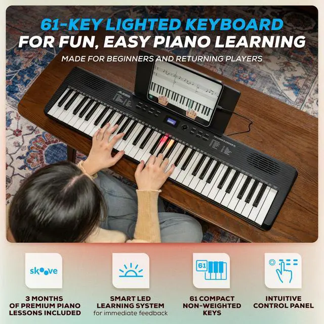 Alt view image 2 of 7 - Teacher's Choice 61-Key Piano Keyboard with Light-up Keys | Smart LED Keys with Skoove App Integration, 300 Sounds, Split/Layer Modes, Includes Piano Lessons, for Beginners