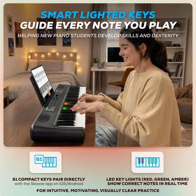 Alt view image 3 of 7 - Teacher's Choice 61-Key Piano Keyboard with Light-up Keys | Smart LED Keys with Skoove App Integration, 300 Sounds, Split/Layer Modes, Includes Piano Lessons, for Beginners