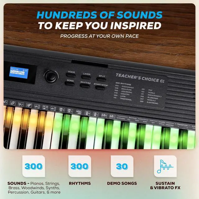 Alt view image 5 of 7 - Teacher's Choice 61-Key Piano Keyboard with Light-up Keys | Smart LED Keys with Skoove App Integration, 300 Sounds, Split/Layer Modes, Includes Piano Lessons, for Beginners