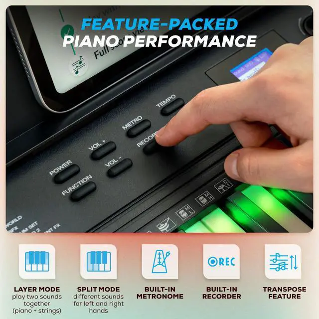 Alt view image 6 of 7 - Teacher's Choice 61-Key Piano Keyboard with Light-up Keys | Smart LED Keys with Skoove App Integration, 300 Sounds, Split/Layer Modes, Includes Piano Lessons, for Beginners