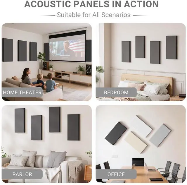 Alt view image 6 of 7 - 4 Pack High-Density Core with Fabric Cover Acoustic Panels 24×12×2 In Self-Adhesive Soundproofing and Sound-Absorbing Wall Panels for Echo Reduction in Studio, Theater, or Recording (Midnight Black)