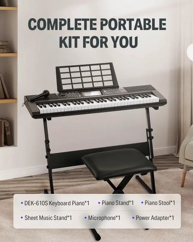Alt view image 7 of 7 - 61 Key Keyboard Piano, Electric Piano Keyboard Kit with 249 Voices, 249 Rhythms - Includes Piano Stand, Stool, Microphone, Gift for Beginners, Black (DEK-610S)