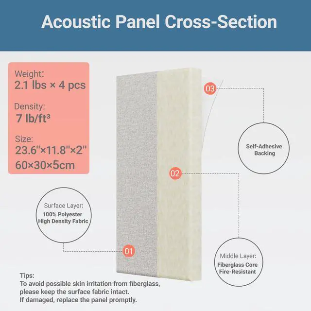 Alt view image 4 of 7 - 4 Pack High-Density Core with Fabric Cover Acoustic Panels 24×12×2 In Self-Adhesive Soundproofing and Sound-Absorbing Wall Panels for Echo Reduction in Studio, Theater, or Recording (Pebble Gray)