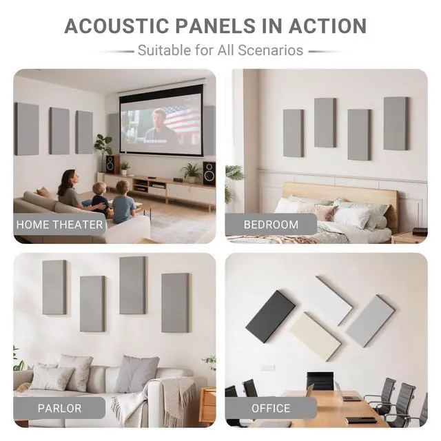 Alt view image 6 of 7 - 4 Pack High-Density Core with Fabric Cover Acoustic Panels 24×12×2 In Self-Adhesive Soundproofing and Sound-Absorbing Wall Panels for Echo Reduction in Studio, Theater, or Recording (Pebble Gray)
