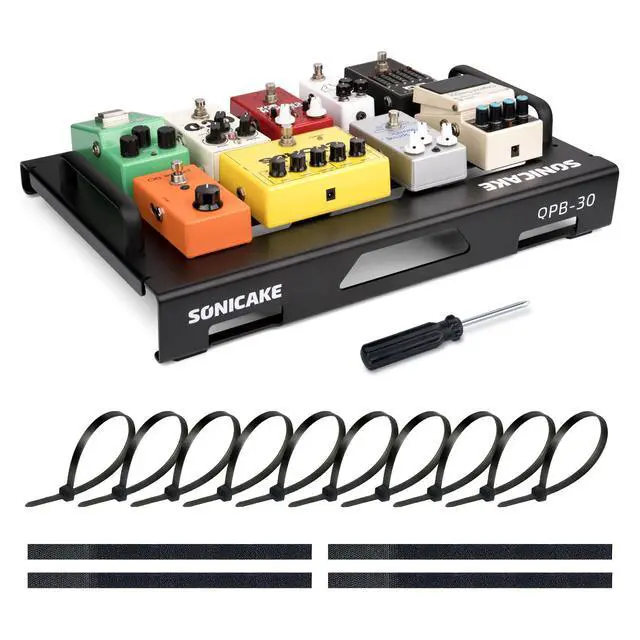 Main image of Guitar Pedal Board, 18" Guitar Effects Light Aluminum Alloy Pedalboard with Pedals Mountain Tape, Cable Tie & Screwdriver, Black 18"x 12.7"x 1.6"/2.7" (L Pedal)