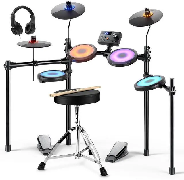 Main image of DED-70L Electronic Drum Set with LED Light Up Quiet Mesh Drum Pads & 9" Cymbals, 150 Sounds, 15 Drum Kits, USB MIDI, Type-C Charging, 2 Pedal, Throne, Headphones, Sticks, Melodics Lessons