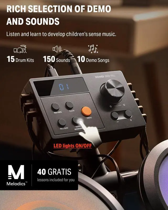Alt view image 2 of 7 - DED-70L Electronic Drum Set with LED Light Up Quiet Mesh Drum Pads & 9" Cymbals, 150 Sounds, 15 Drum Kits, USB MIDI, Type-C Charging, 2 Pedal, Throne, Headphones, Sticks, Melodics Lessons