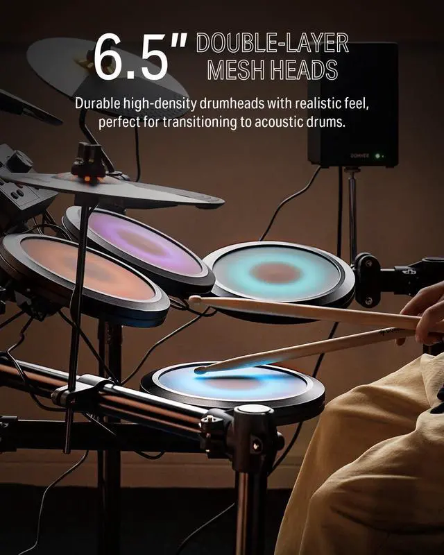 Alt view image 3 of 7 - DED-70L Electronic Drum Set with LED Light Up Quiet Mesh Drum Pads & 9" Cymbals, 150 Sounds, 15 Drum Kits, USB MIDI, Type-C Charging, 2 Pedal, Throne, Headphones, Sticks, Melodics Lessons