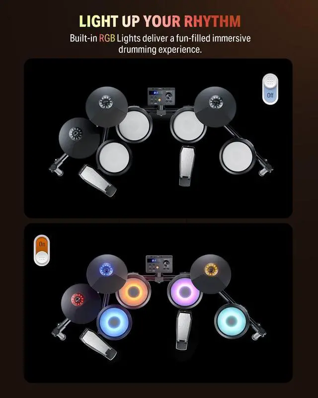 Alt view image 5 of 7 - DED-70L Electronic Drum Set with LED Light Up Quiet Mesh Drum Pads & 9" Cymbals, 150 Sounds, 15 Drum Kits, USB MIDI, Type-C Charging, 2 Pedal, Throne, Headphones, Sticks, Melodics Lessons