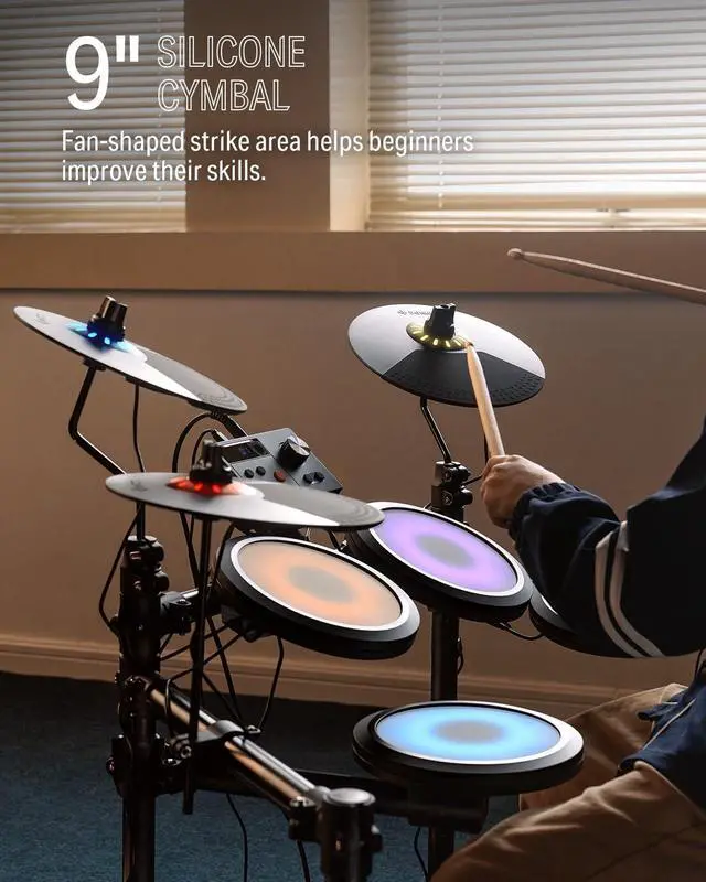 Alt view image 4 of 7 - DED-70L Electronic Drum Set with LED Light Up Quiet Mesh Drum Pads & 9" Cymbals, 150 Sounds, 15 Drum Kits, USB MIDI, Type-C Charging, 2 Pedal, Throne, Headphones, Sticks, Melodics Lessons