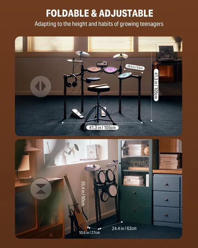 Alt view image 7 of 7 - DED-70L Electronic Drum Set with LED Light Up Quiet Mesh Drum Pads & 9" Cymbals, 150 Sounds, 15 Drum Kits, USB MIDI, Type-C Charging, 2 Pedal, Throne, Headphones, Sticks, Melodics Lessons