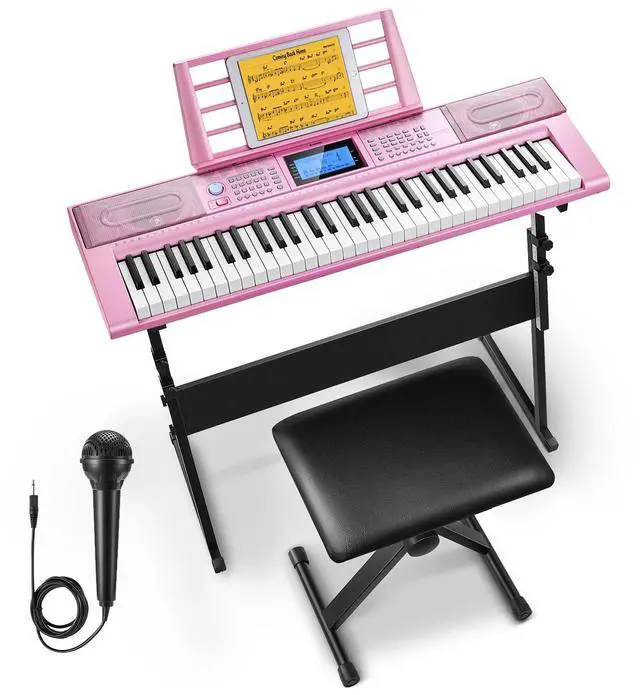 Main image of 61 Key Keyboard Piano, Electric Piano Keyboard Kit with 249 Voices, 249 Rhythms - Includes Piano Stand, Stool, Microphone, Gift for Beginners, Pink (DEK-610S)