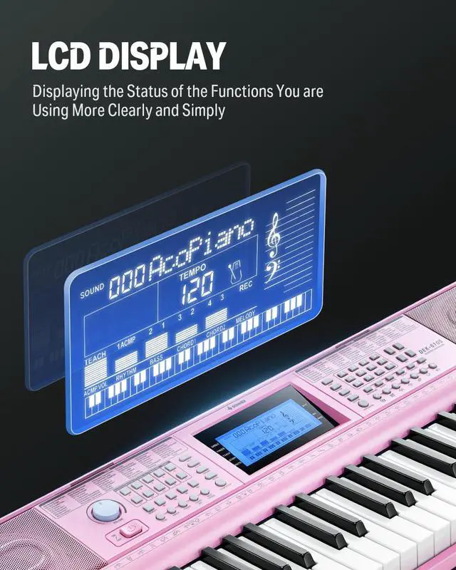 Alt view image 3 of 7 - 61 Key Keyboard Piano, Electric Piano Keyboard Kit with 249 Voices, 249 Rhythms - Includes Piano Stand, Stool, Microphone, Gift for Beginners, Pink (DEK-610S)